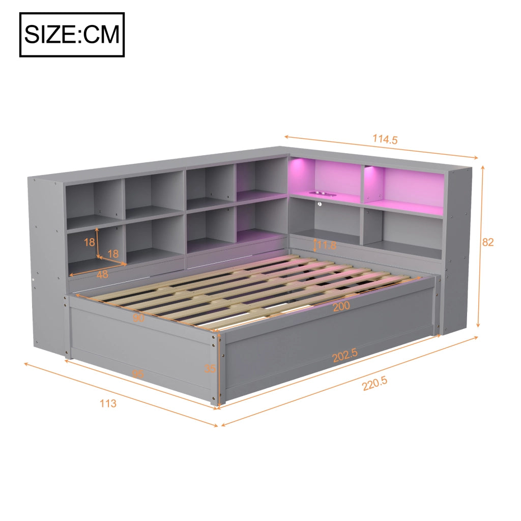 Letto singolo 90 × 200 cm con vano contenitore idraulico prese integrate e LED controllabile in legno grigio