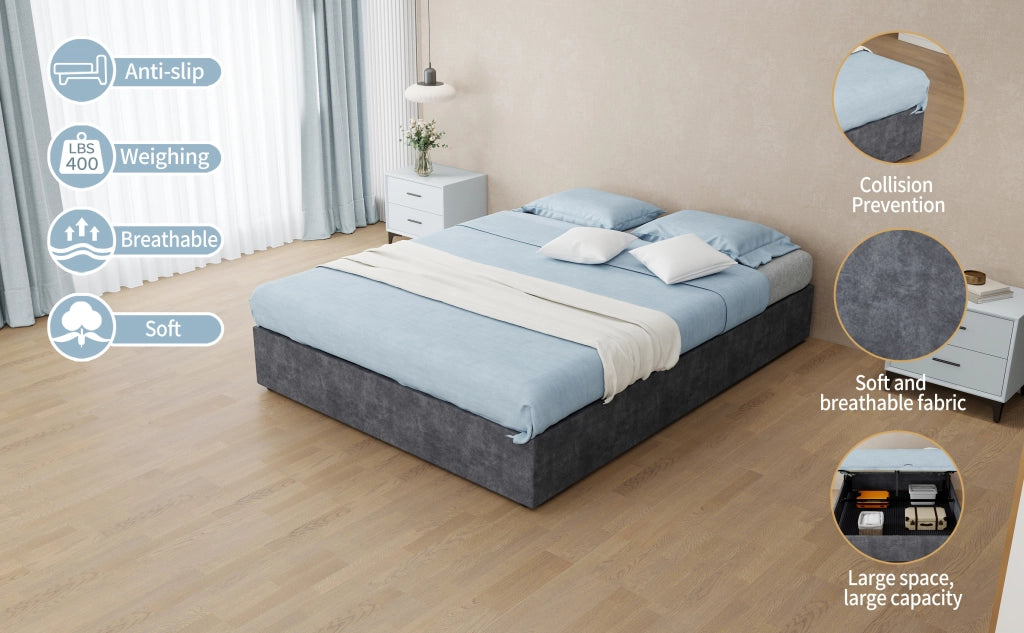 Letto contenitore imbottito con pistoni pneumatici, velluto olandese, grigio, 140x200 cm, senza materasso
