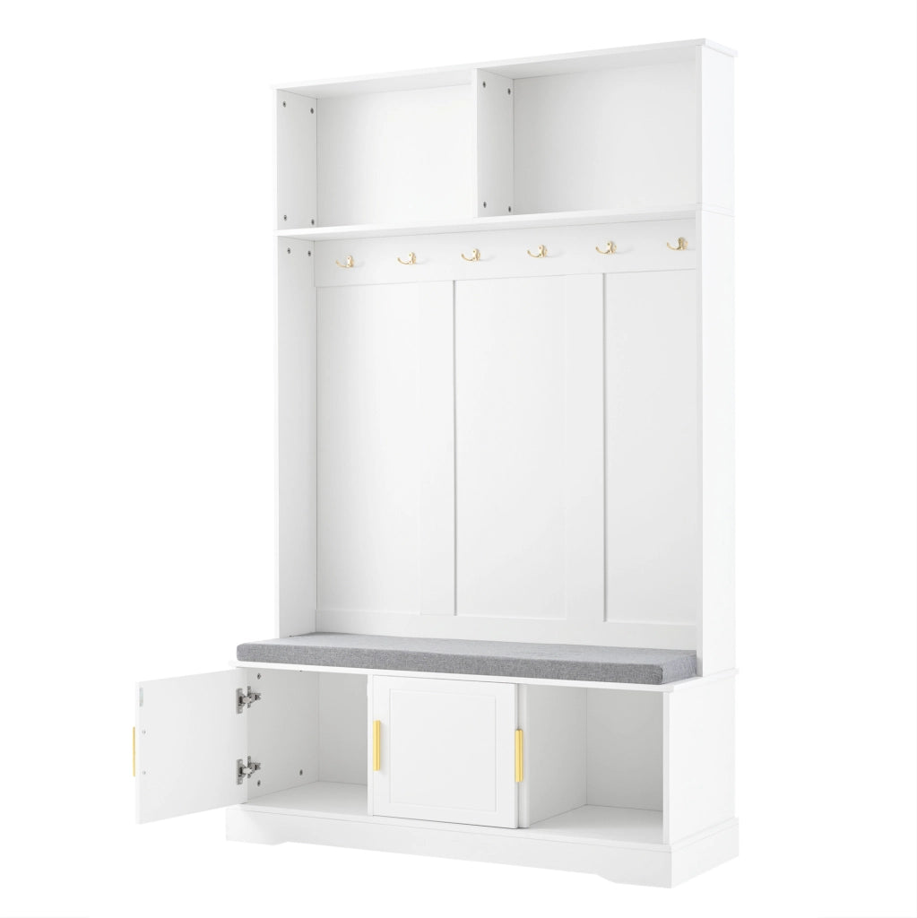 Appendiabiti con panca porta scarpe bianco 120×40×191 cm con 6 ganci tripli, design salvaspazio per ingresso e corridoio