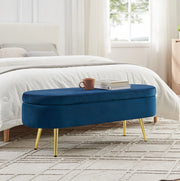 Panca contenitore in velluto blu con struttura in legno massello e gambe in metallo, 110x40x42 cm, 20L di spazio, per soggiorno, camera da letto o ingresso
