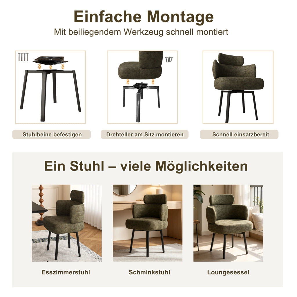 SEDIA girevole 360° con braccioli 60x56x53 cm in chenille verde oliva