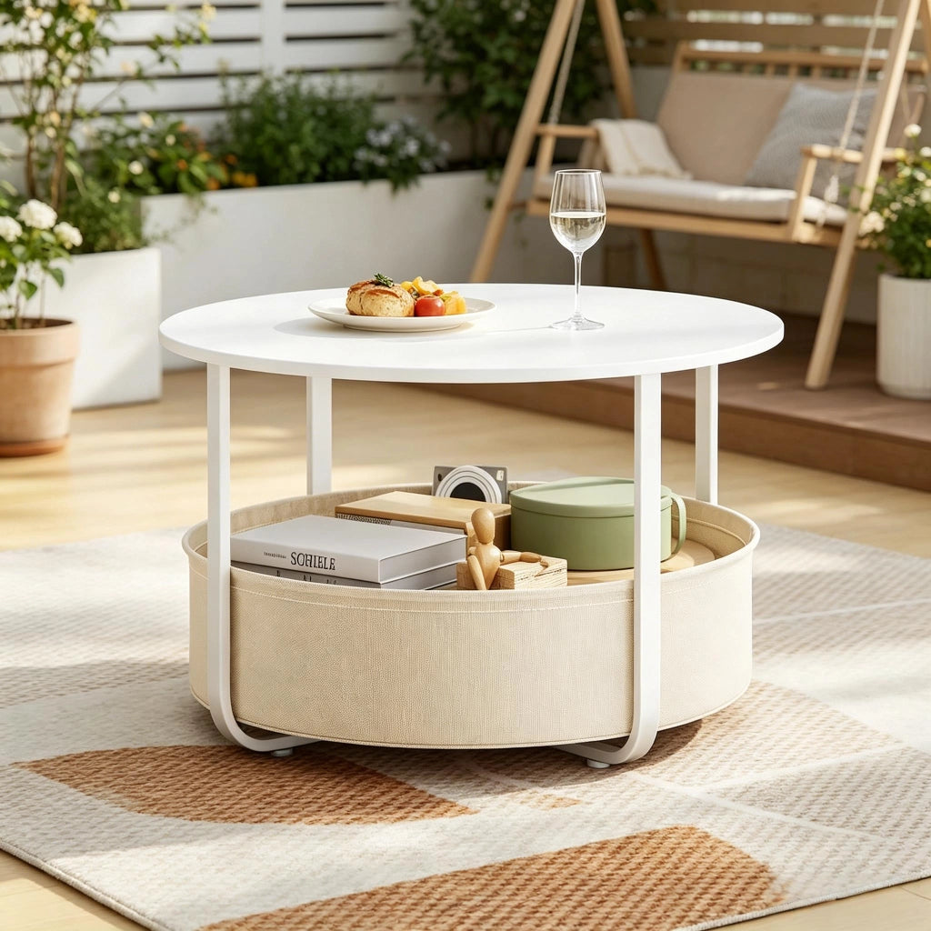 Tavolino basso fisso rotondo con cesto in tela rimovibile struttura in metallo beige e bianco Ø 80 × 50 cm