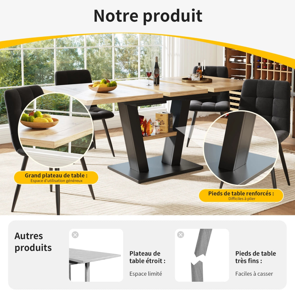 Set tavolo cucina e sedie con 1 tavolo allungabile e 4 sedie in MDF; metallo e velluto nero e naturale