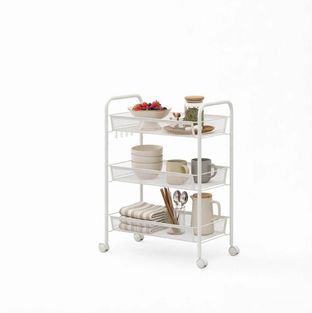 Carrello portavivande ULEVR a 3 livelli con cestelli, 4 ruote bloccabili e ganci, acciaio bianco 45x26,5x63 cm