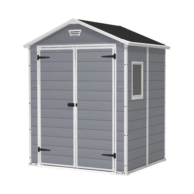 Keter K203521 Manor 6x5 Casetta da Giardino in Resina Doppia Porta Finestra Laterale Pavimento Incluso 185x152x226 cm colore Grigio