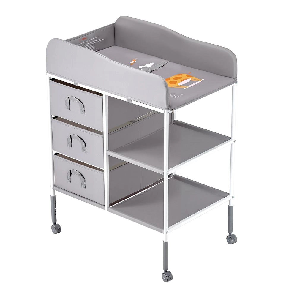 Fasciatoio Neonati Stazione Portatile Multifunzionale 3 Cassetti Tessuto Ruote Bloccabili Altezza Regolabile Cameretta Grigio