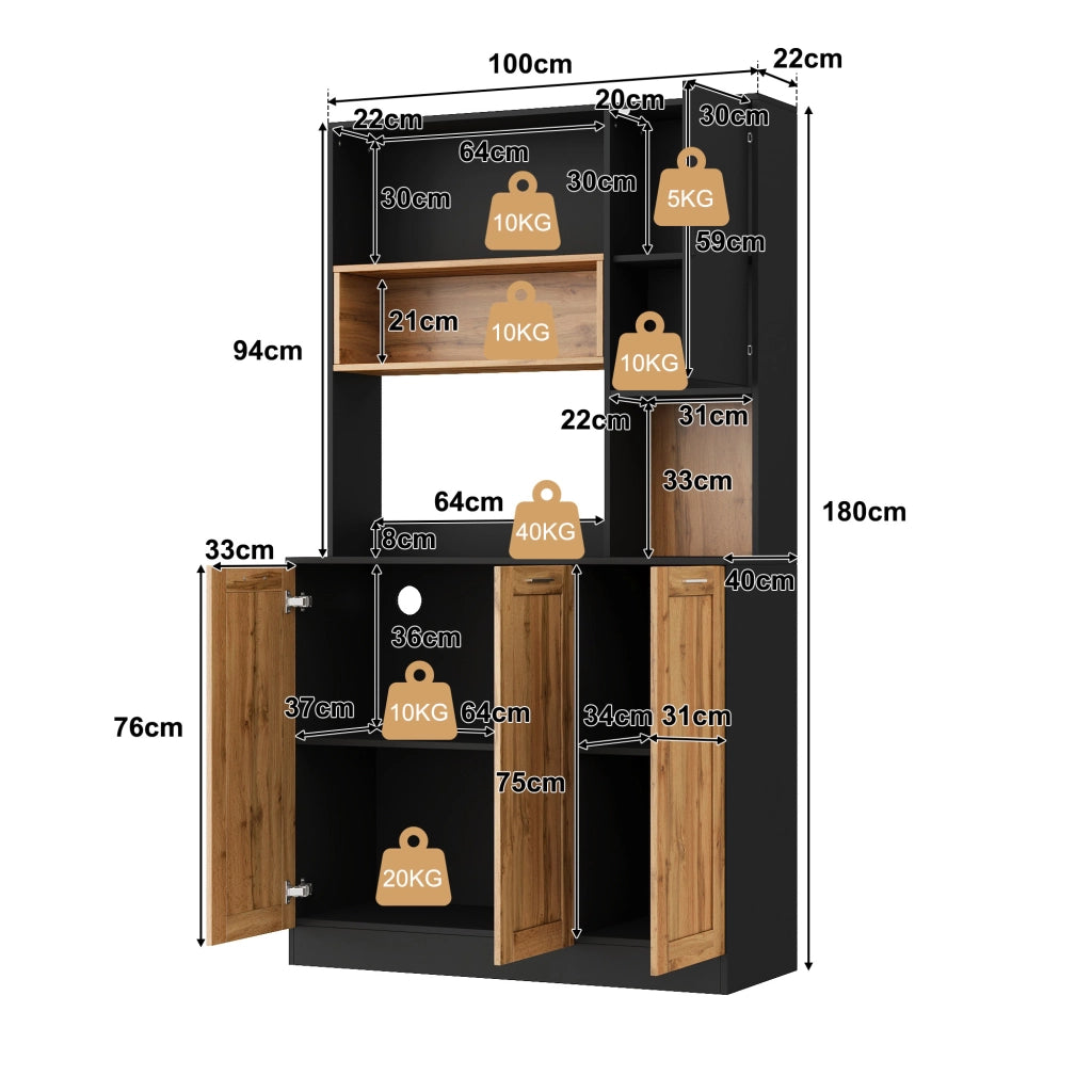 Mobile colonna cucina con LED RGB prese e ripiani regolabili MDF naturale e nero 100 × 40 × 180 cm