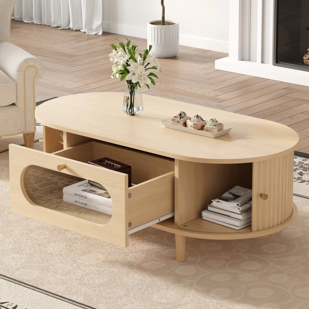 Tavolino da salotto in MDF 100x50x36 cm con cassetto e ante