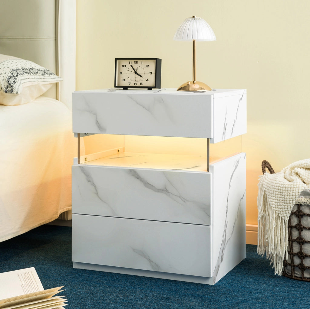 Comodino LED con 3 Cassetti e Pannello Acrilico, Tavolino da Notte per Camera da Letto in Bianco Pietra