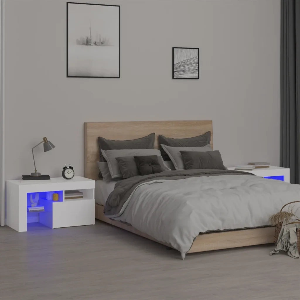 Comodini 2 pz con Luci a LED-Set di 2 Tavolino da notte Bianchi 70x36,5x40 cm