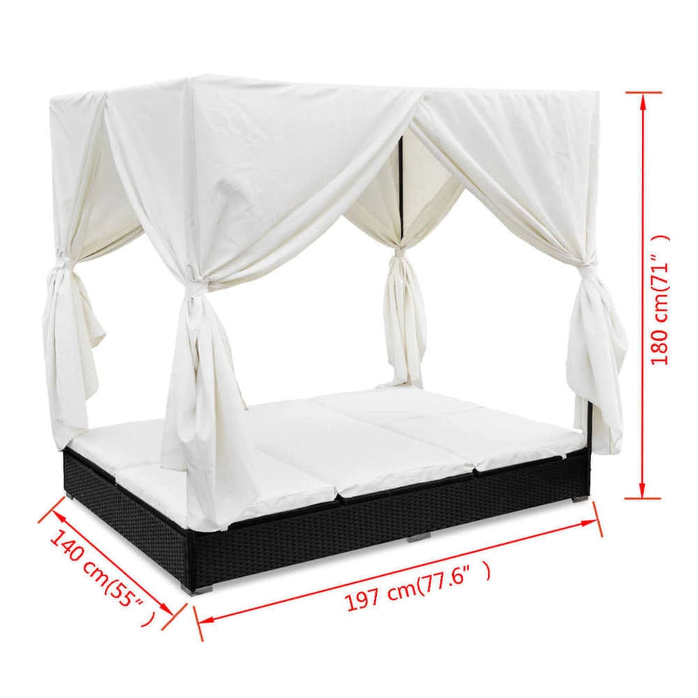 Outdoor Lounge Bed With Curtain, Poly Rattan, Black