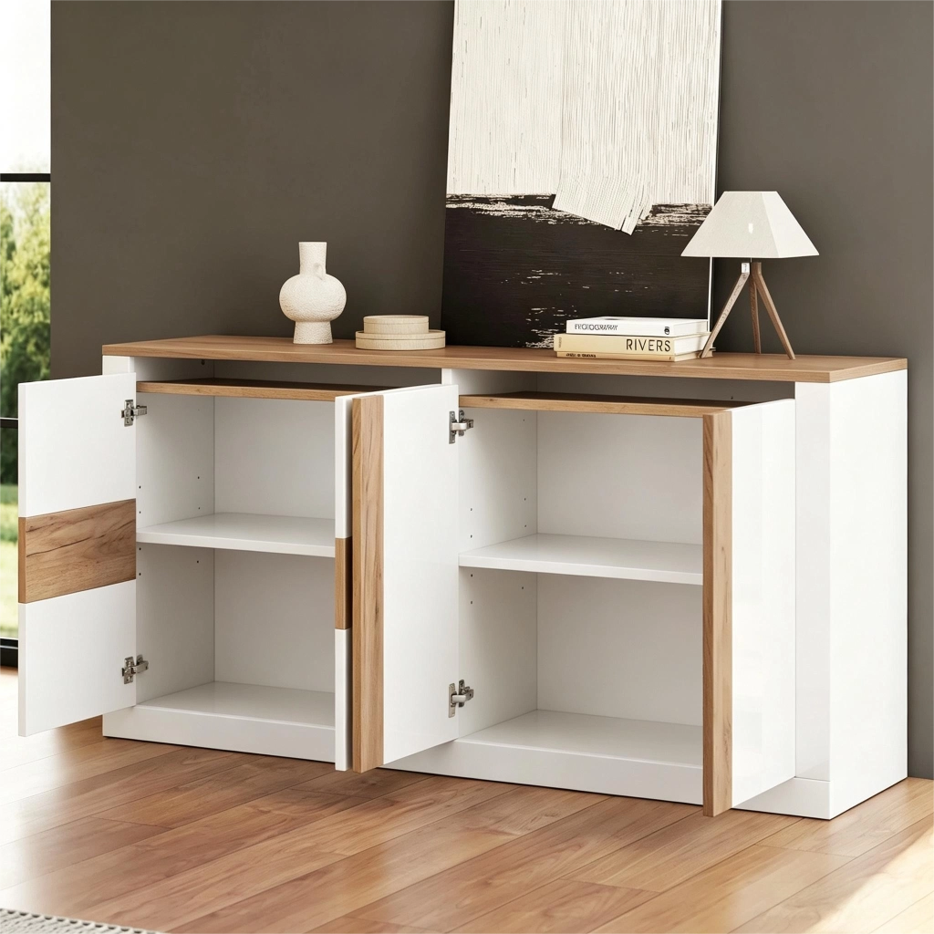 Credenza Bianca Lucida 140 cm con LED RGB; Mobile Soggiorno 4 Ante in MDF; Finitura Rovere