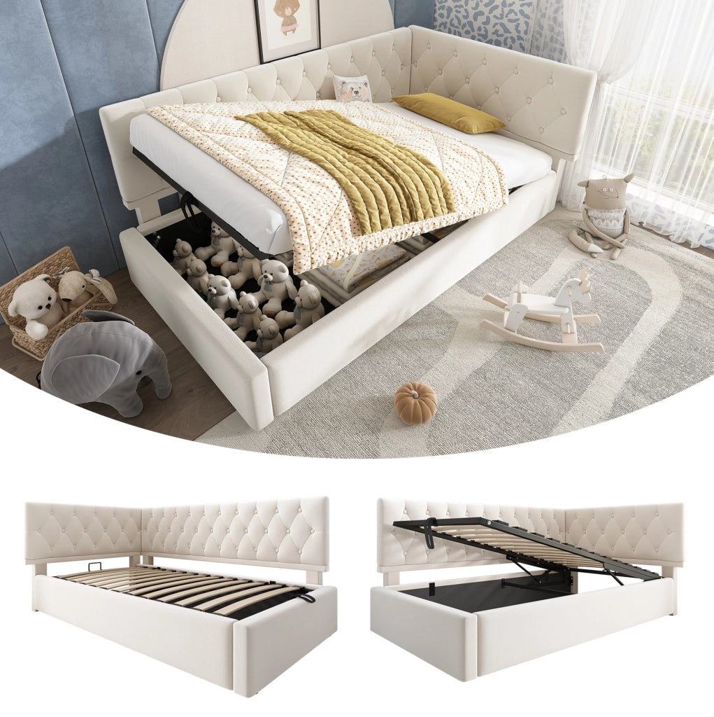 Letto 90x190 cm con contenitore idraulico in velluto beige e testiera reversibile
