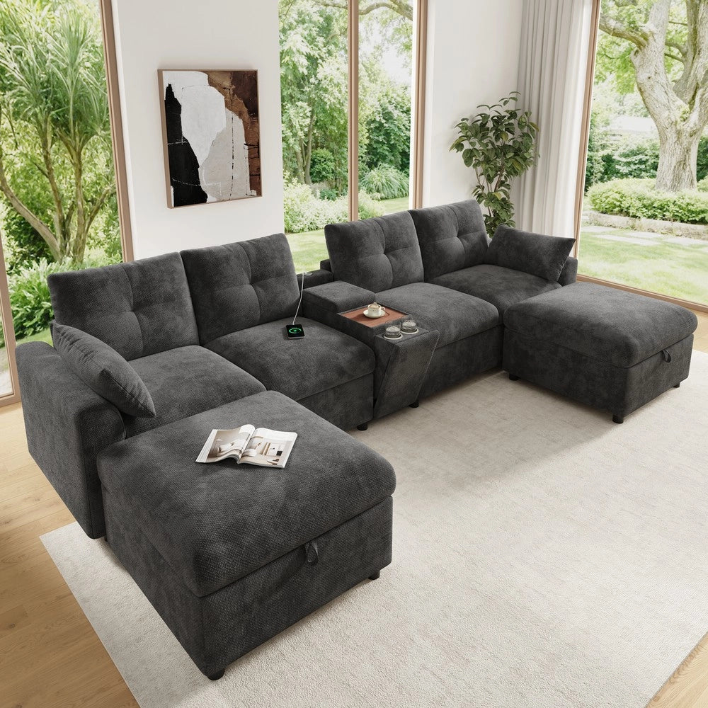 Divano angolare modulare 6 posti ¨C Minimal ¨C Grigio tessuto chenille con contenitori poggiapiedi porta bevande USB Type-C