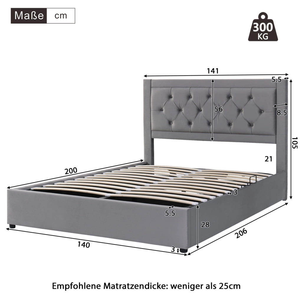Letto imbottito con contenitore 140x200 cm; struttura in acciaio; velluto grigio