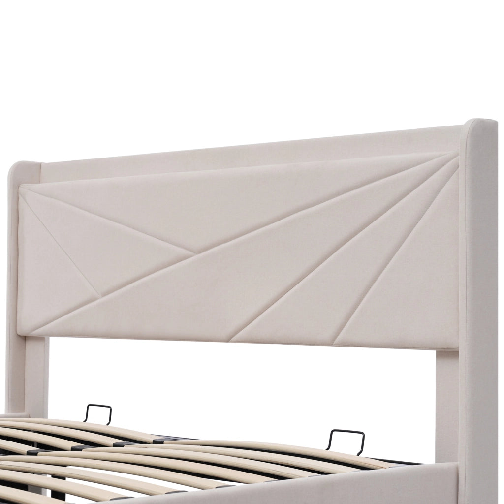 Letto matrimoniale contenitore 140x200 in cotone lino con USB-C, testiera geometrica e materasso