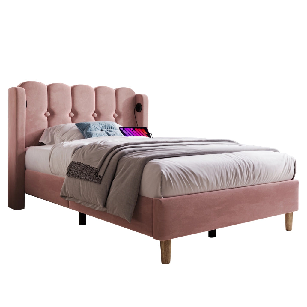 Letto Singolo Imbottito 90x200 cm con USB; USB-C; Rose