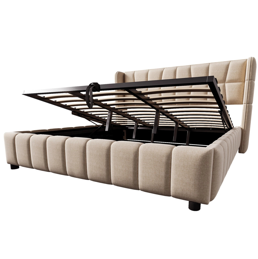 Letto imbottito 180x200 cm con rete a doghe, struttura in metallo e sistema contenitore pneumatico beige