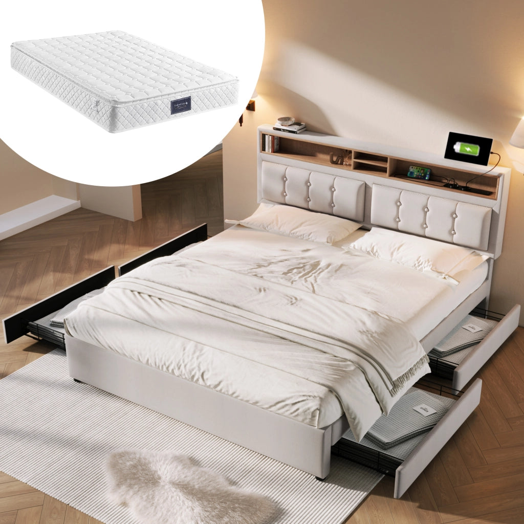Letto Matrimoniale 140x200 cm con 4 Cassetti; USB; Type-C e Testiera Regolabile in Lino Beige