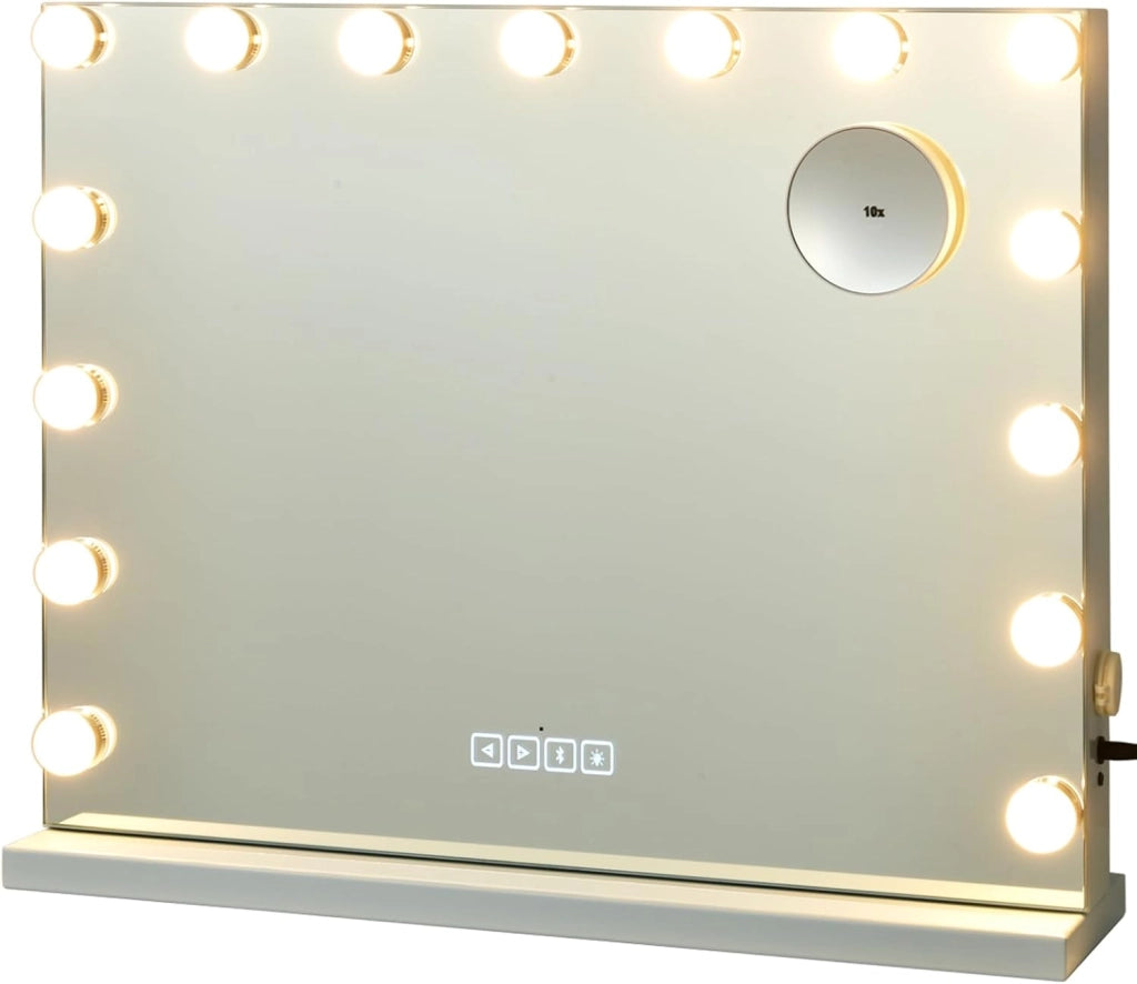 Specchio per Trucco Illuminato con 15 Lampadine Luci LED, Specchio da Toeletta Controllo Touch, per Scrivania Muro, 3 Modalità di Colore, con Altoparlante Bluetooth USB, 58x48 cm