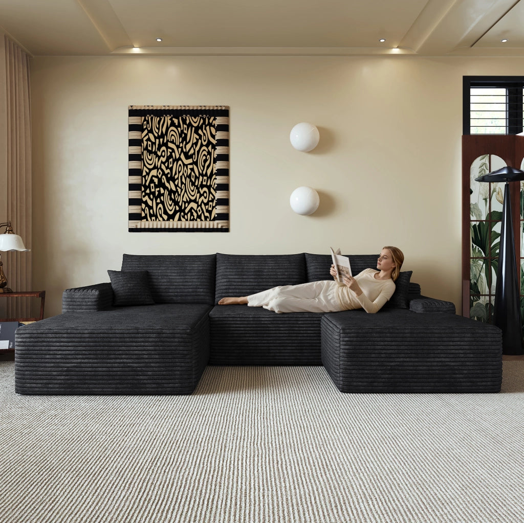 Divano modulare angolare senza braccioli 270 cm con chaise longue a L in tessuto di velluto a coste nero