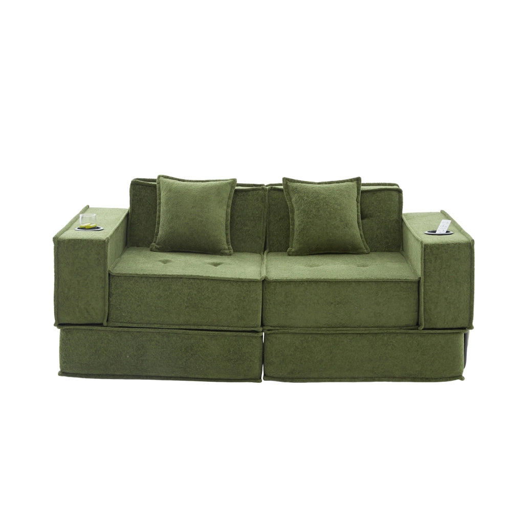 Divano modulare 2 posti - con tasche laterali e cuscini - in chenille verde