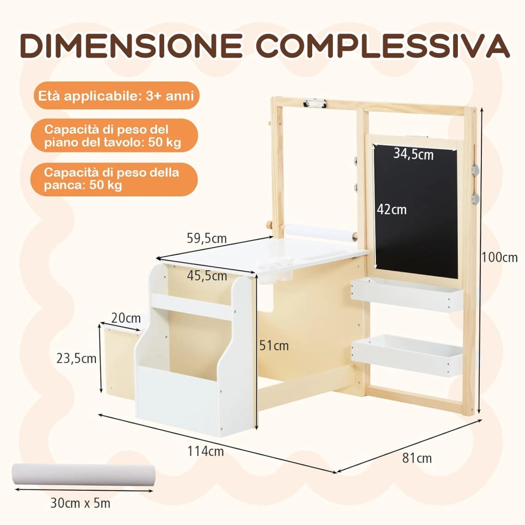 Set 3 in 1 Tavolo e Sedie per Bambini 3+ Anni, Tavolo in Legno Sicuro con Lavagna Cancellabile, Magnetica, Cavalletto Regolabile, Libreria e Accessori Artistici, Ideale per Disegno (Bianco)