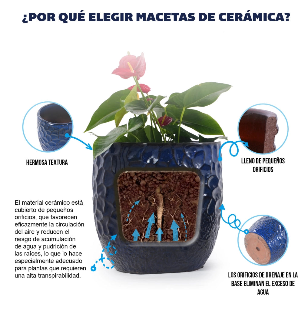 Set di 4 vasi in ceramica artigianali, smaltati blu intenso con rilievo martellato, Ø38/30/22,5/18 cm, con fori di drenaggio, resistenti al gelo per interno e giardino