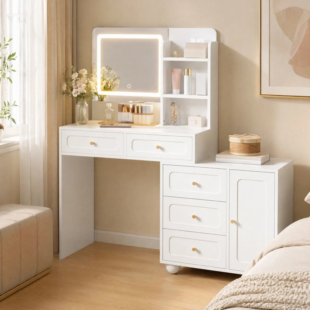 Tavolo da trucco 80x39;8x127 cm con specchio LED a 3 modalità; 5 cassetti; anta e ripiani; bianco