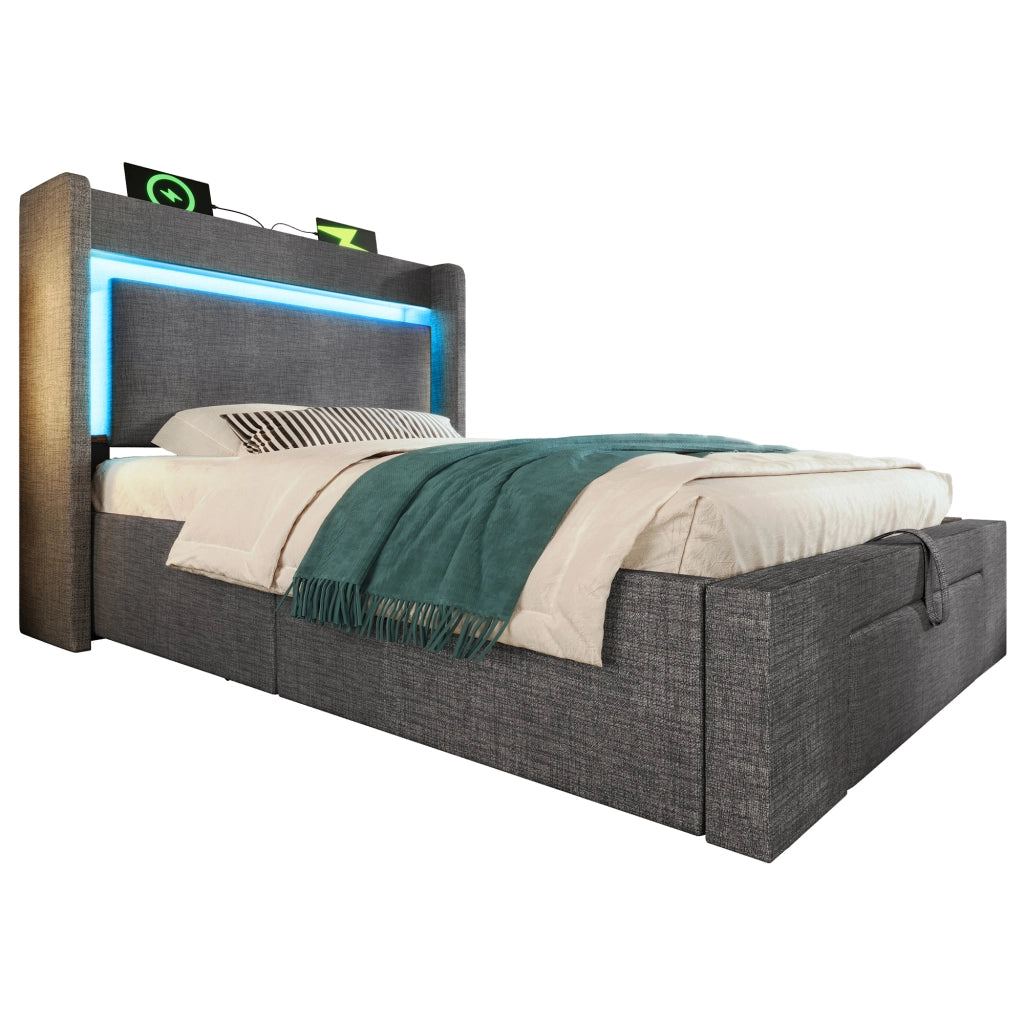 Letto imbottito con contenitore idraulico, USB-C e LED, 90x200 cm, grigio