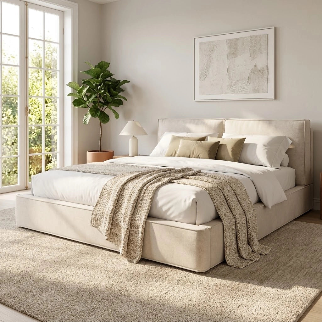 Letto matrimoniale imbottito 180x200 cm con rete a doghe; testiera imbottita; ciniglia; beige