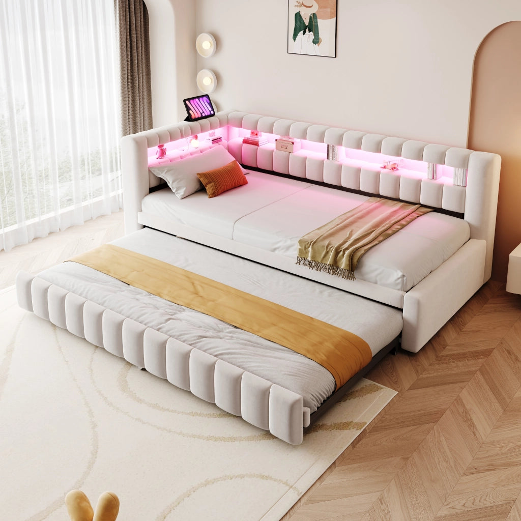 Letto singolo estraibile imbottito 90 × 200 cm con LED USB e tipo C in velluto beige con ripiani e schienale a righe