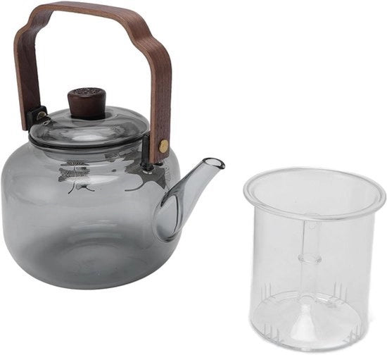 Teiera - Vetro - Filtri Rimovibili - 900 Ml - Alto Borosilicato - Cottura a Fuoco - Teiera a Vapore - Maniglia in Legno - Coperchio Translucido - Tè in Polvere - Campeggio - Viaggio - Elettrica - Adatta a - Fai da Te - Translucido.
