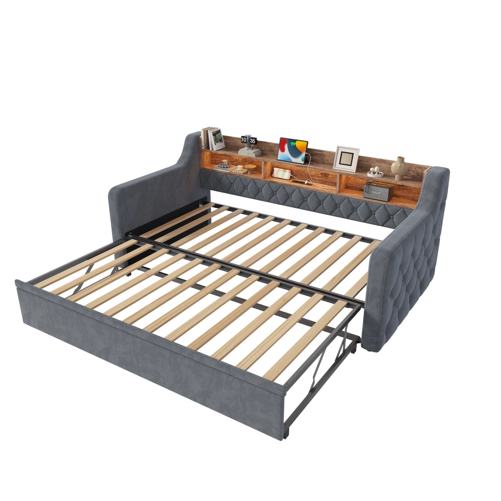 Letto divano 90x190 cm in velluto grigio scuro con letto estraibile; testiera con vani; LED; USB e USB-C