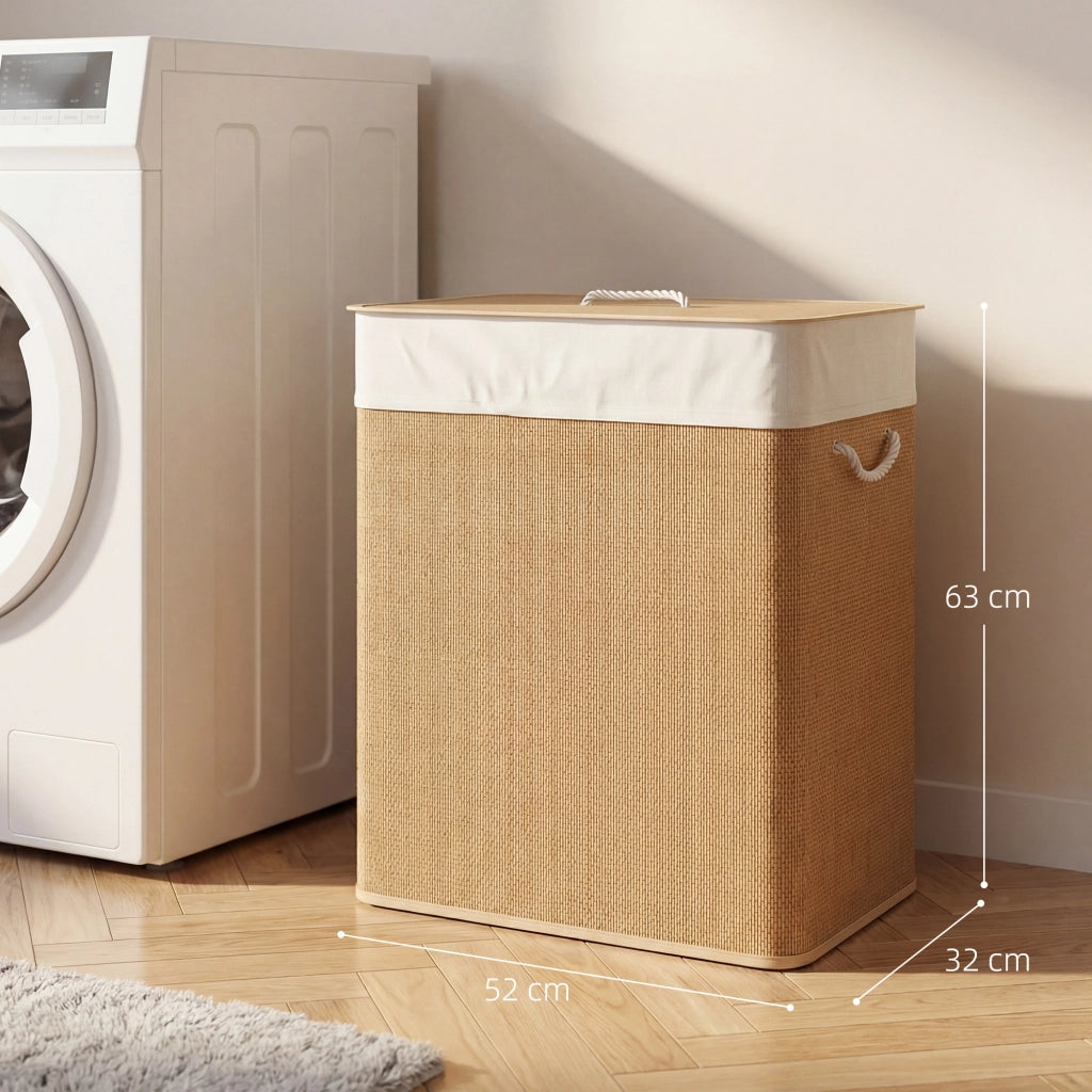 Cesto Portabiancheria in Bambu con Coperchio 100L a 2 Scomparti Sacco Rimovibile Maniglie in Corda Salvaspazio per Casa Bagno