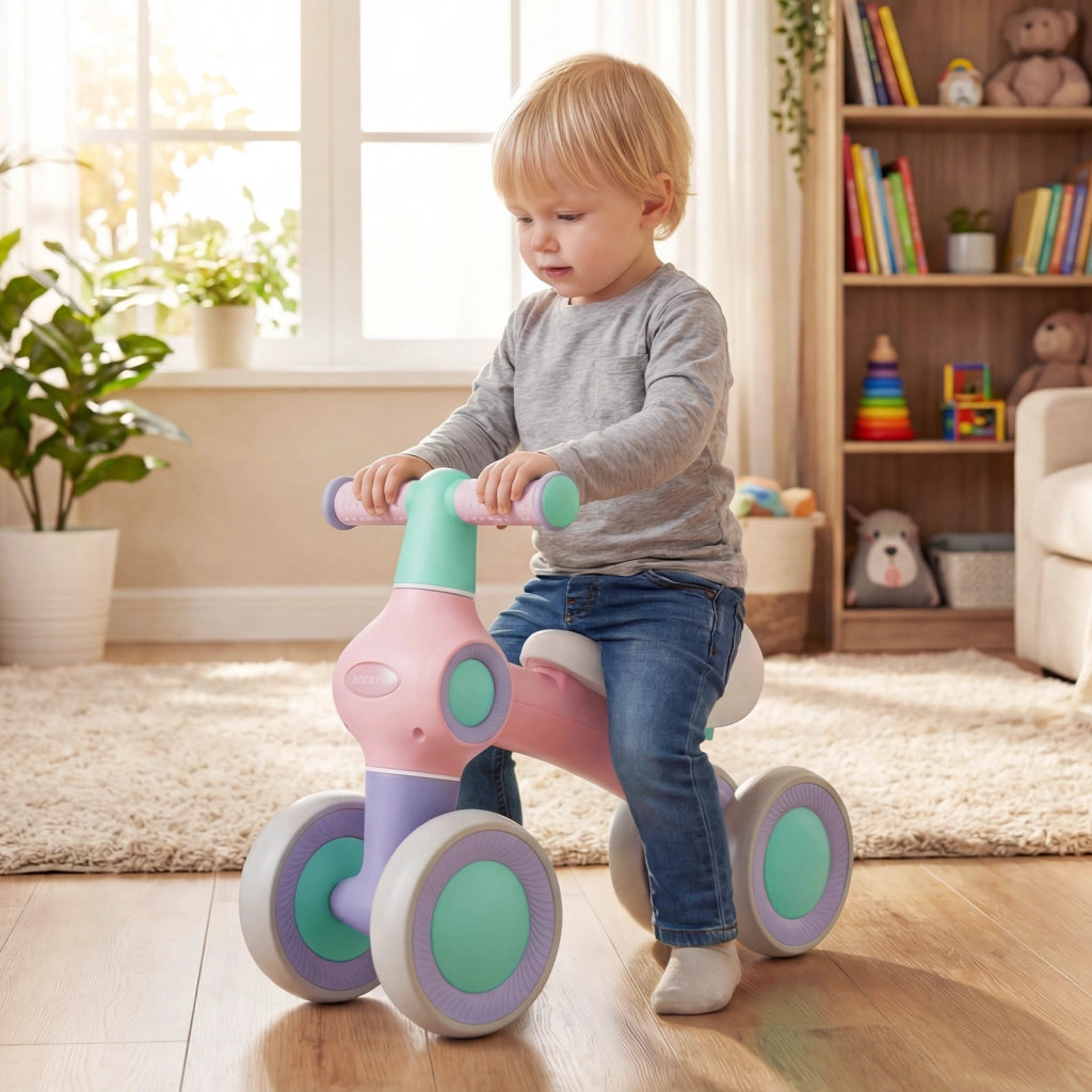 Bicicletta bambini senza pedali equilibrio sella morbida regolabile 4 ruote silenziose, Bicicletta montaggio rapido corsa bambini 1-3 anni Rosa