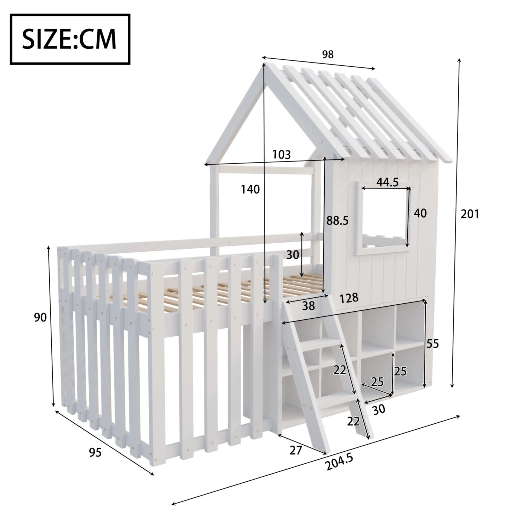 Letto a soppalco per bambini 90x200 cm con tetto e vani mobili in pino bianco