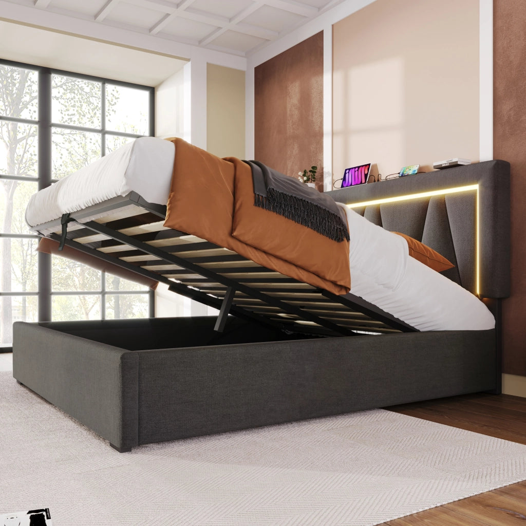 Letto matrimoniale contenitore 160 ¡Á 200 cm in lino grigio con LED USB e porta Type C testiera regolabile