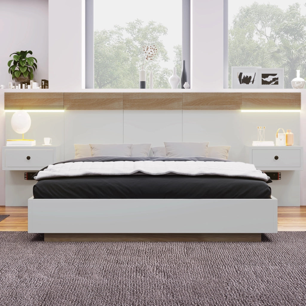 Set Camera da Letto 140x200 cm con 2 Comodini; USB; White+Oak