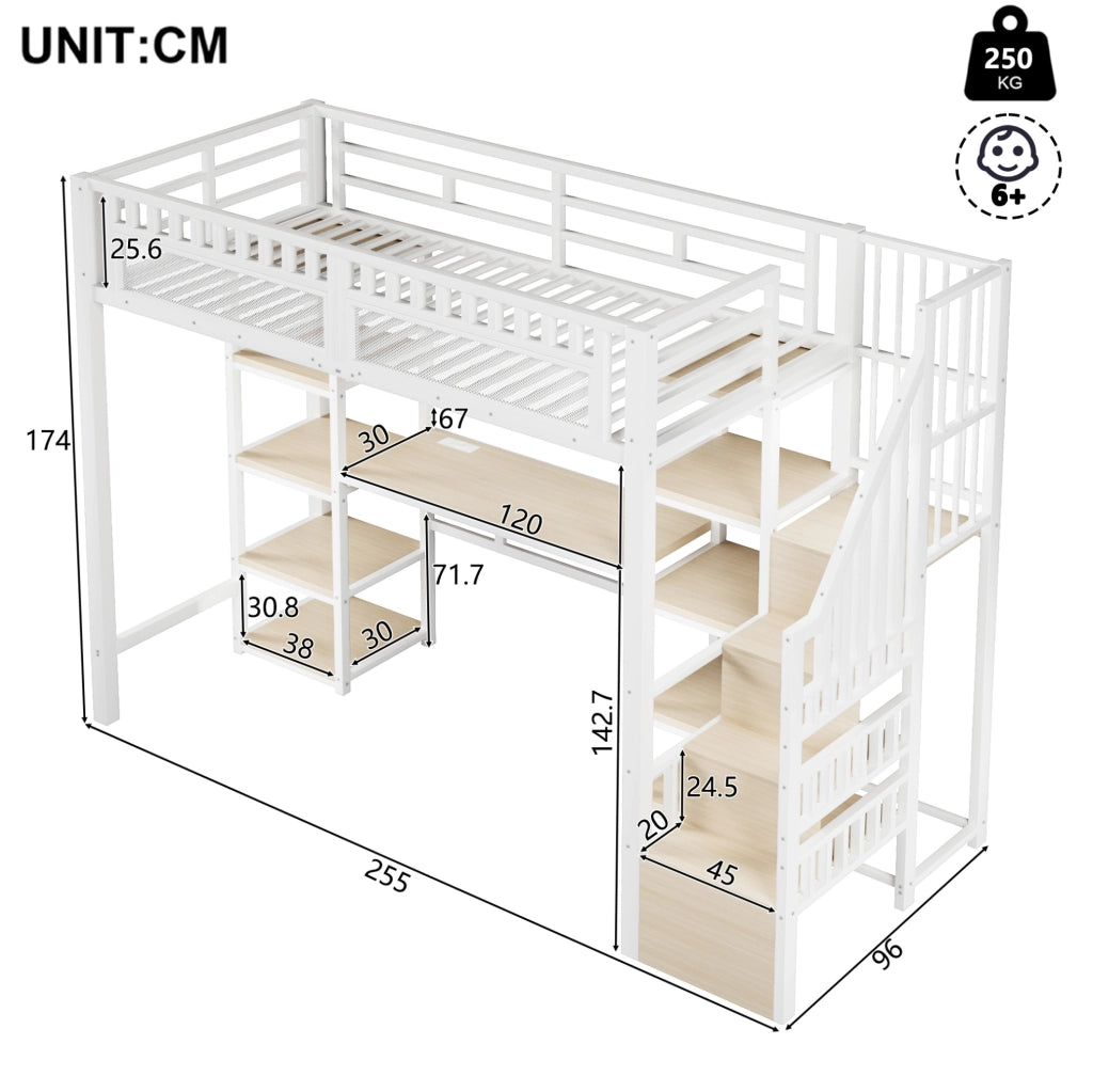 Letto a soppalco 90x200 cm con scrivania, LED, USB e scala contenitore in metallo e MDF bianco