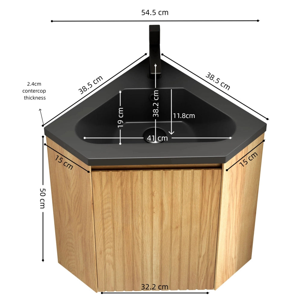 Mobile bagno angolare ULEVR con lavabo triangolare integrato in resina nera opaca e anta effetto rovere
