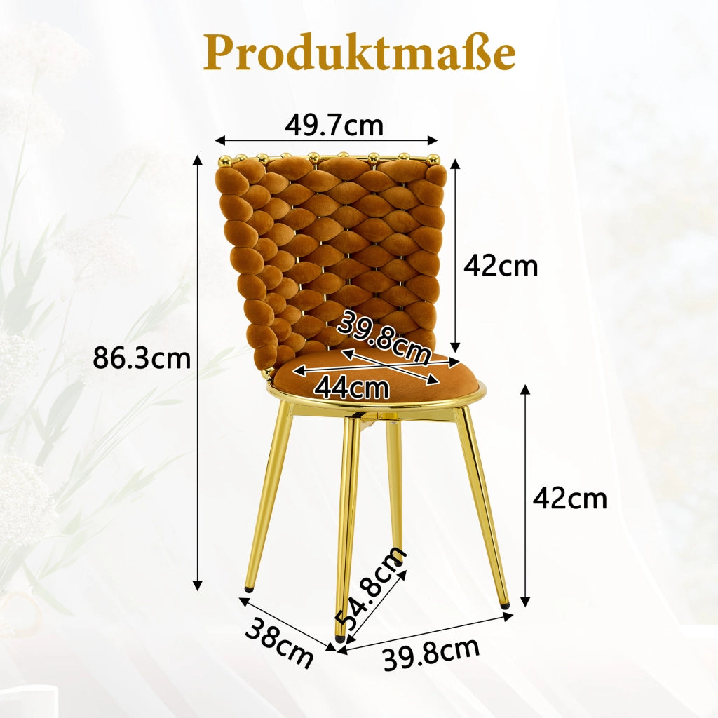 Sedia da Pranzo con Schienale in Corda Intrecciata e Seduta Imbottita, in Velluto Arancione e Oro