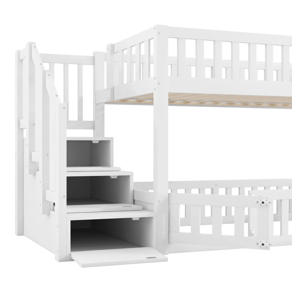 Letto a castello 90x200 cm, bianco, con scala dotata di spazio contenitore