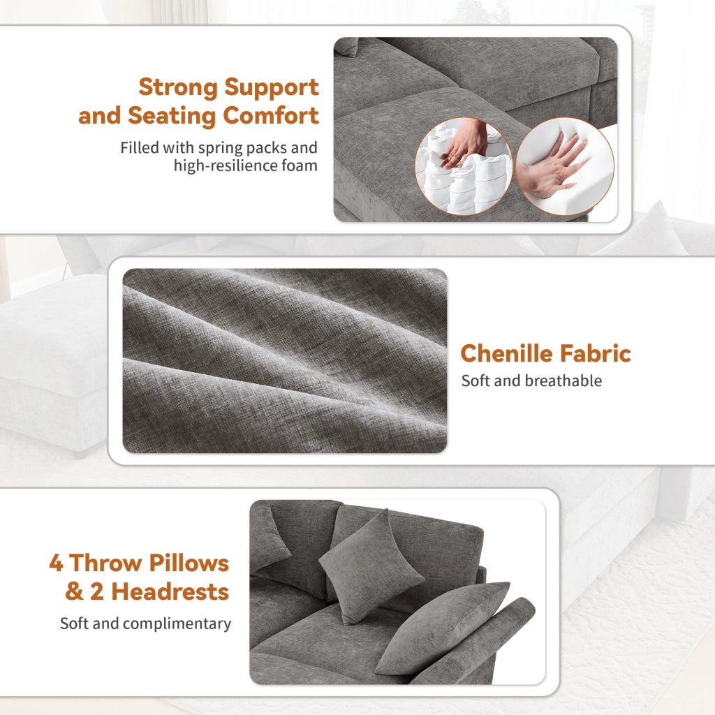Divano modulare 4 posti con 2 pouf e braccioli regolabili in chenille grigio 284 × 156,5 × 86 cm con 6 cuscini