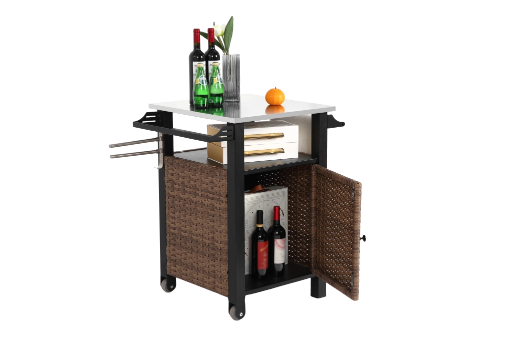 Carrello da cucina con ruote, anta, cassetto e ripiani, portabicchieri, per esterno, in acciaio e rattan, marrone