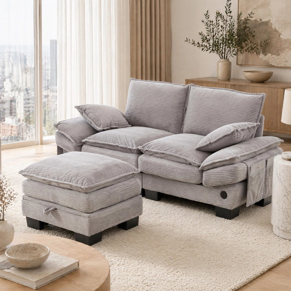 Divano modulare 2 posti con pouf in velluto a coste grigio chiaro