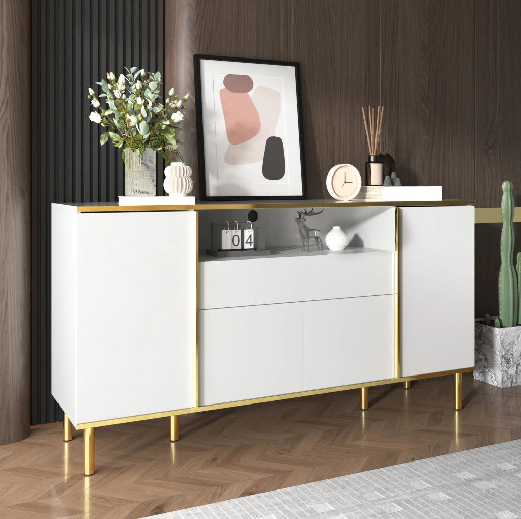 Credenza bianca lucida 150 cm con LED, 4 ante e cassetto