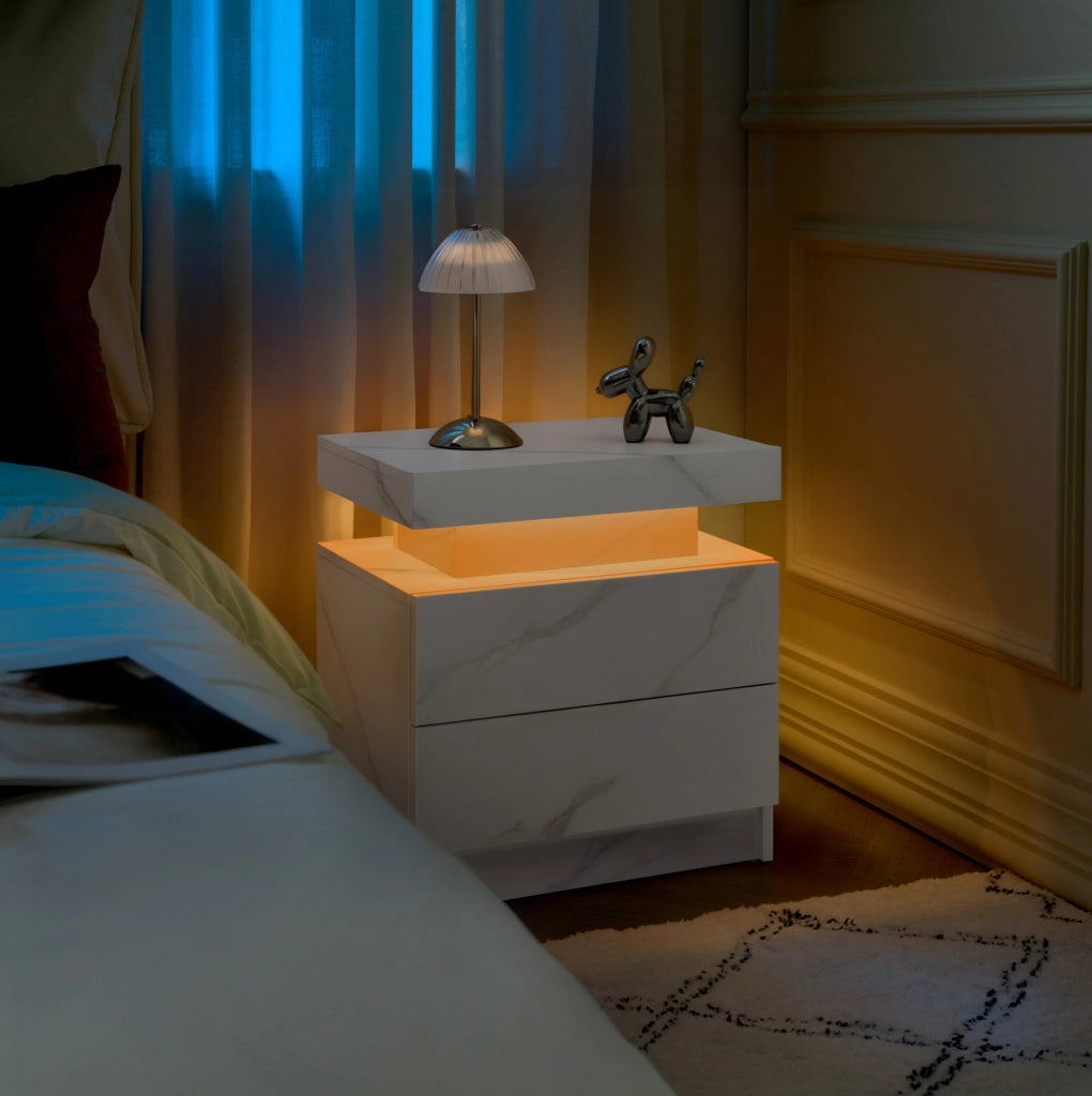 Comodino LED bianco opaco con 2 cassetti e vano aperto