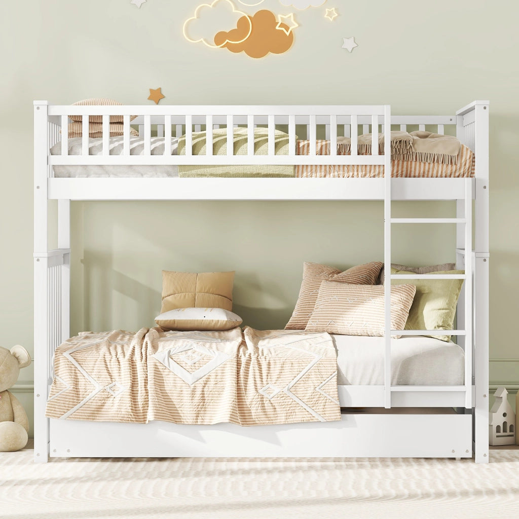Letto a castello per bambini 90 × 200 cm e 90 × 190 cm, 3 posti con estraibile, senza materasso, bianco
