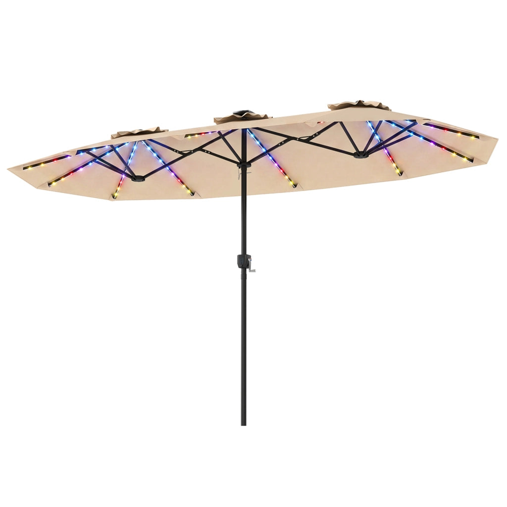 Ombrellone doppio da giardino con luci regolabili manovella, Ombrellone ampio doppio protezione solare resistente Beige